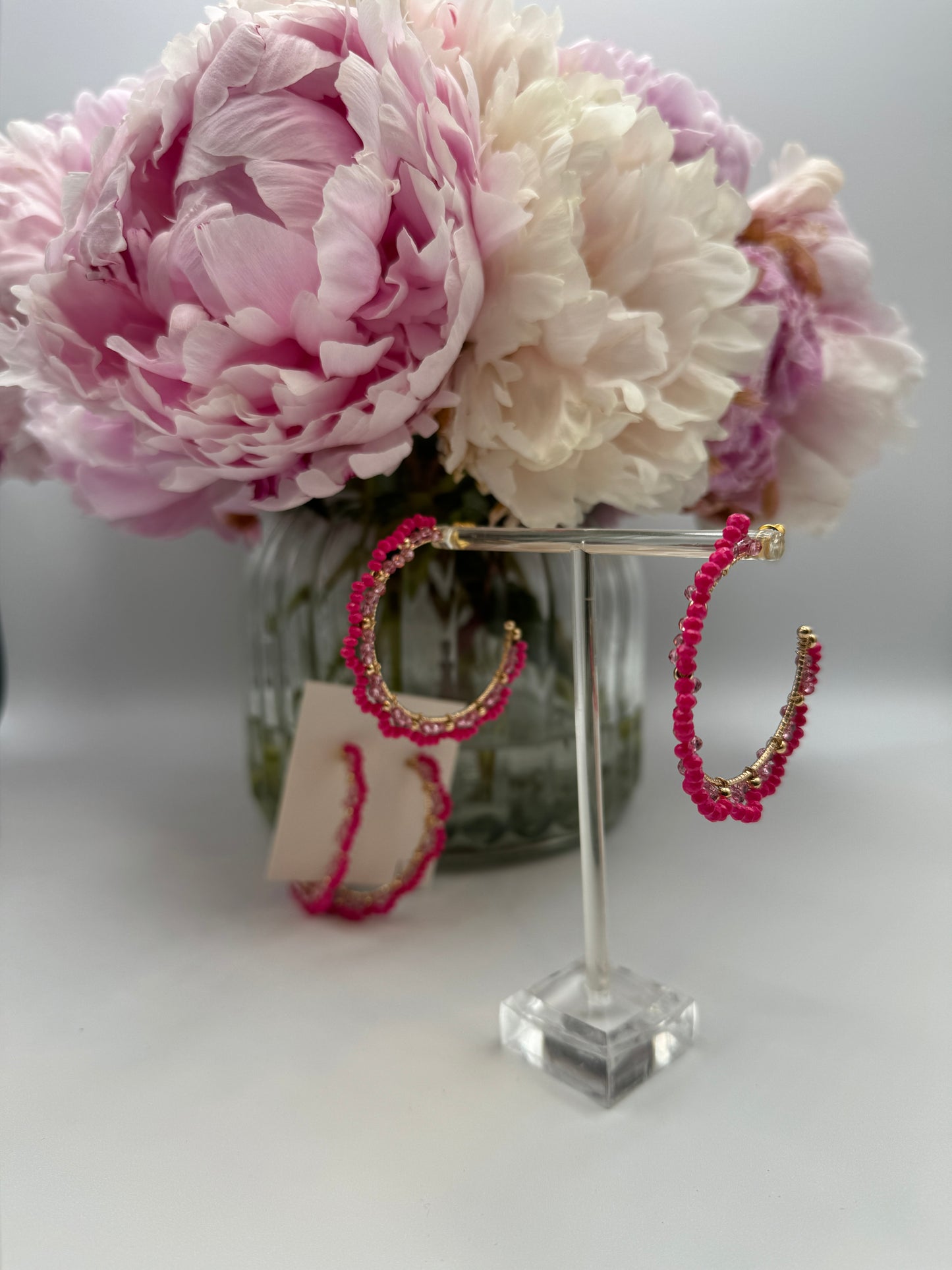 Dainty Pink Beaded Hoops