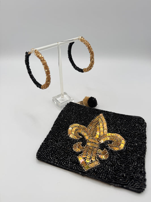 Black and Gold Glitter Hoop Earrings