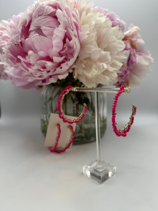 Dainty Pink Beaded Hoops