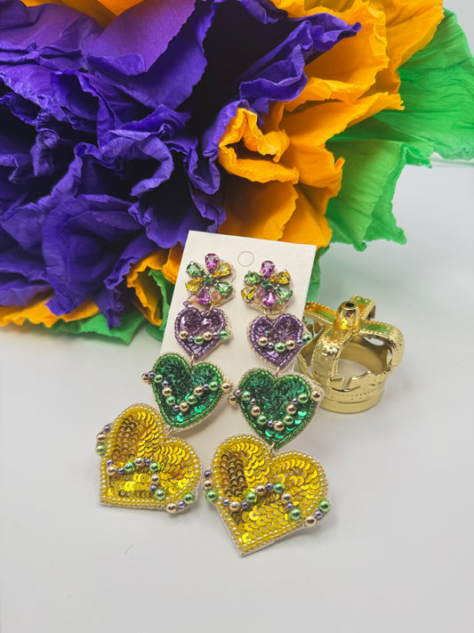 Mardi Gras Beaded Hearts Earrings