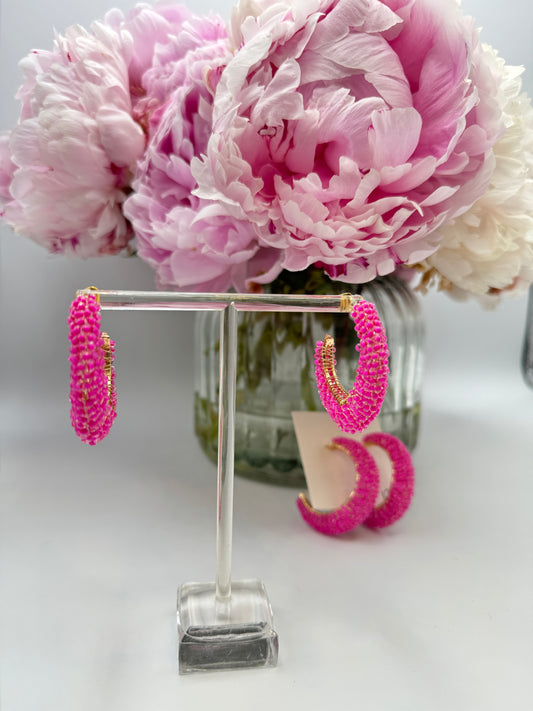 Pink Beaded Wired Hoop Earrings