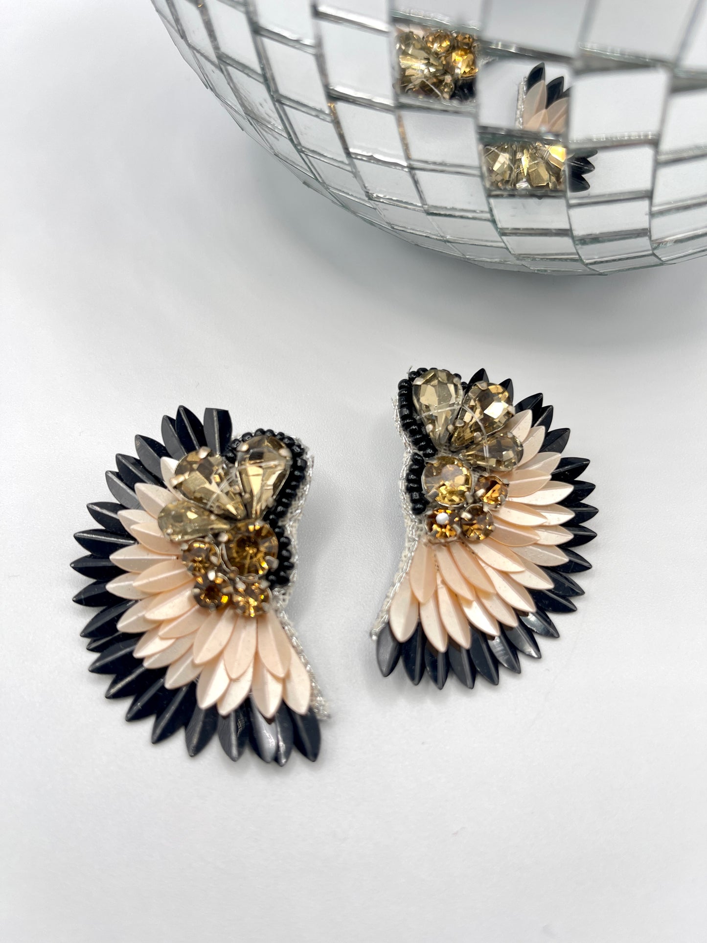 Black and Blush Rhinestone Fan Earrings