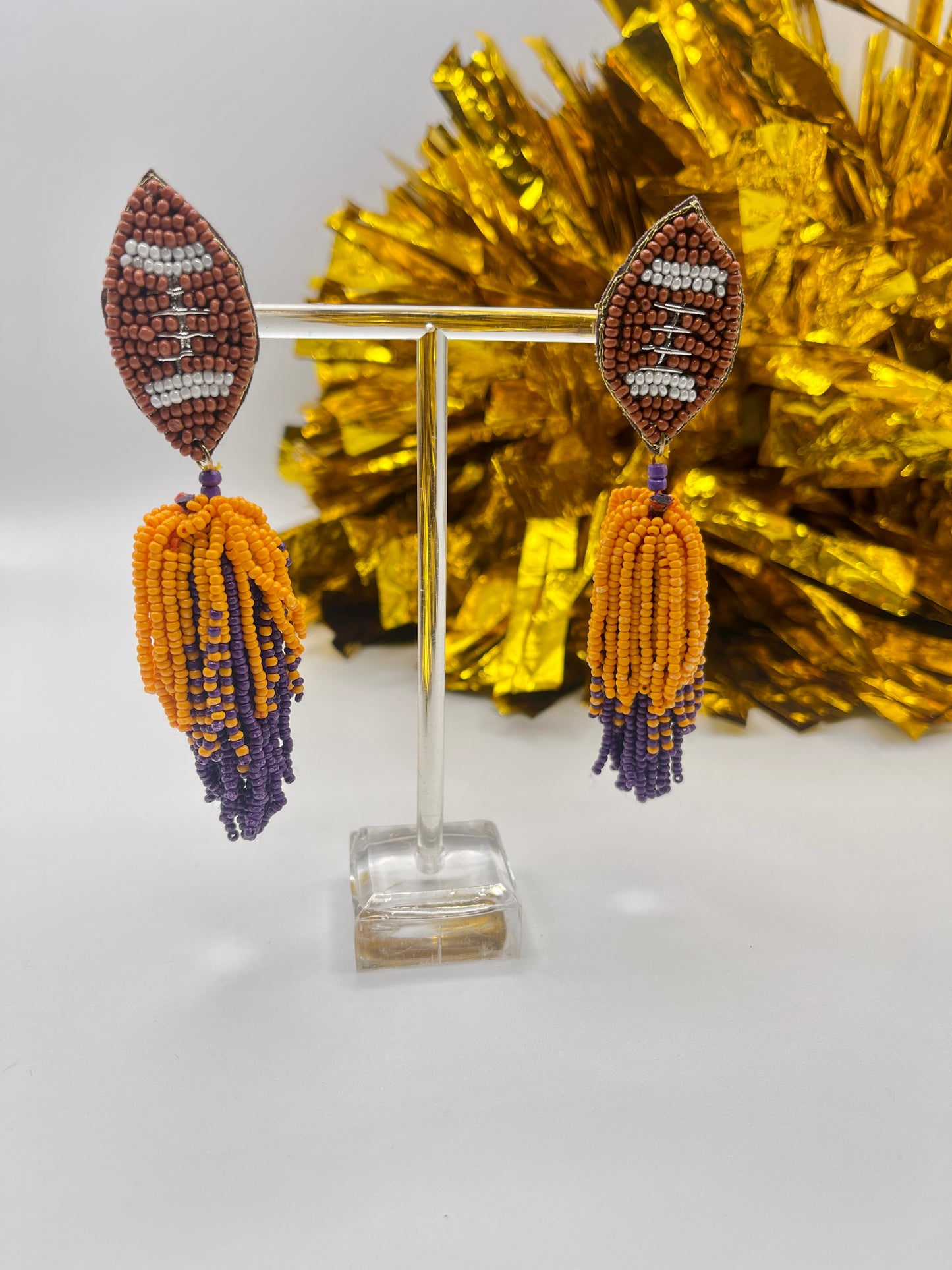 Purple and Gold Fringe Football Earrings