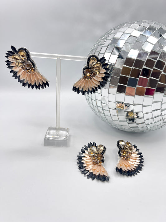 Black and Blush Rhinestone Fan Earrings