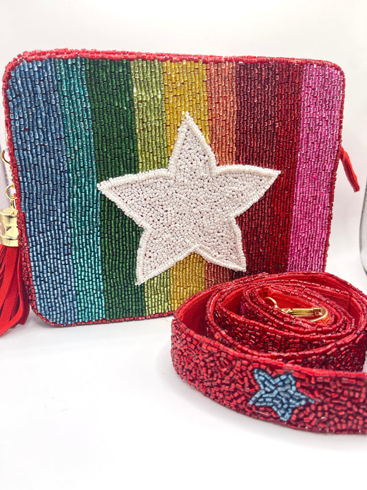 Rainbow Star Seed Bead Crossbody Purse with Strap